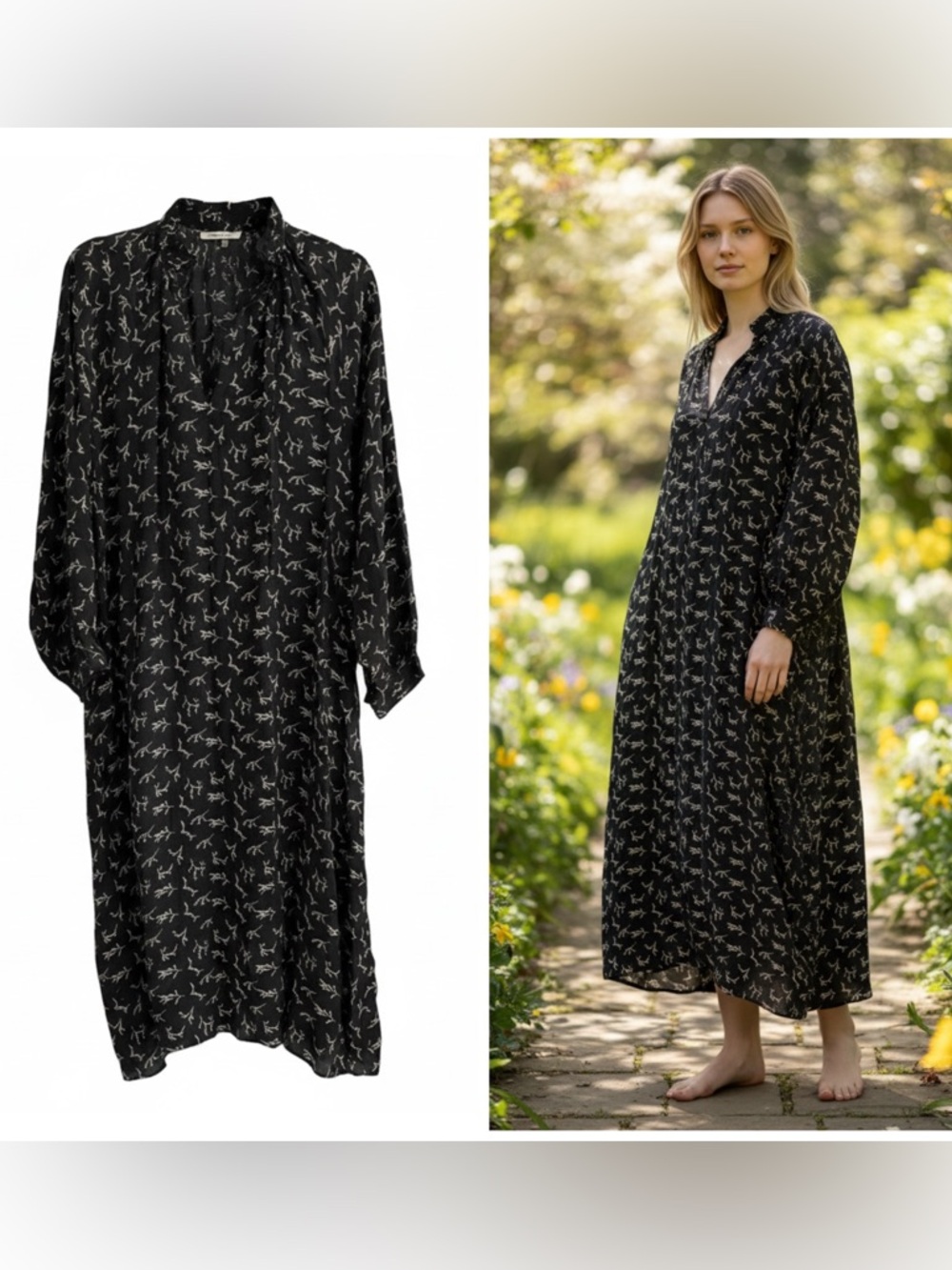 Mes Demoiselles Black Printed Long Silk Dress | Anthropologie | size 36